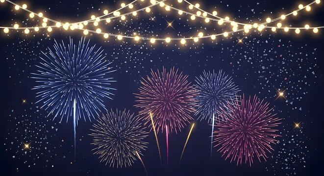 Colorful fireworks explode in night sky with string lights overhead