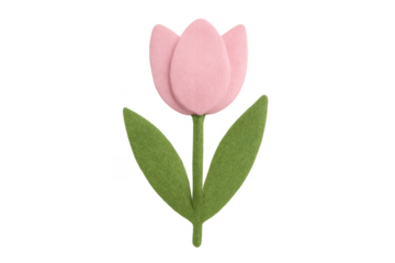 Pink felt tulip flower with green stem and leaves