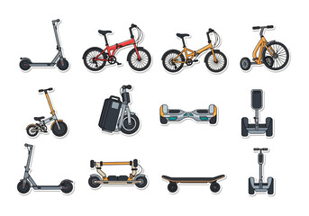 Collection of eco-friendly transport options scooters, bikes, hoverboards