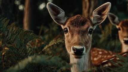 A close-up of a young deer with large ears and expressive eyes, standing in a lush forest with soft natural lighting.