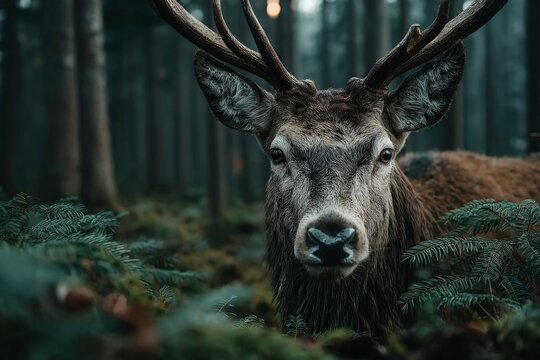 A majestic stag with large antlers gazes directly at the camera in a misty forest setting, surrounded by green ferns and tall trees.