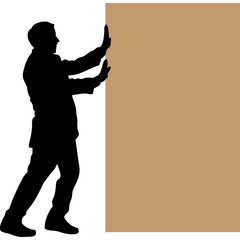 Silhouette of a Man Pushing a Large Cardboard Box Against a White and Brown Background with Transparent Elements Illustrating Effort and Logistics