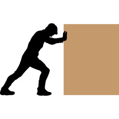 Silhouette of a person pushing a large cardboard box on a white background demonstrating effort and movement