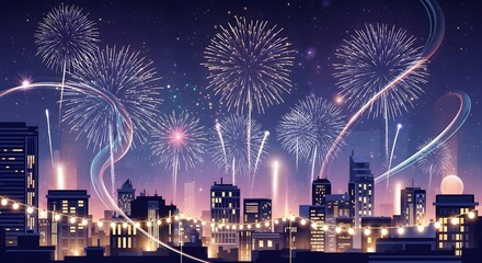 Cityscape illuminated by vibrant fireworks display during a night celebration
