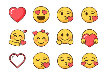 Set of Romantic Emojis with Hearts for Love and Affection