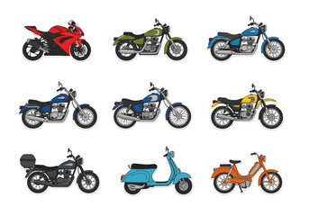 Variety of Motorcycle Styles Vintage, Sportbike, and Scooter Illustrations