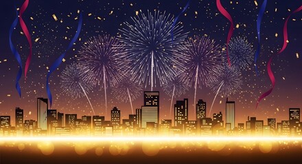 Cityscape fireworks celebration with confetti and streamers above skyline