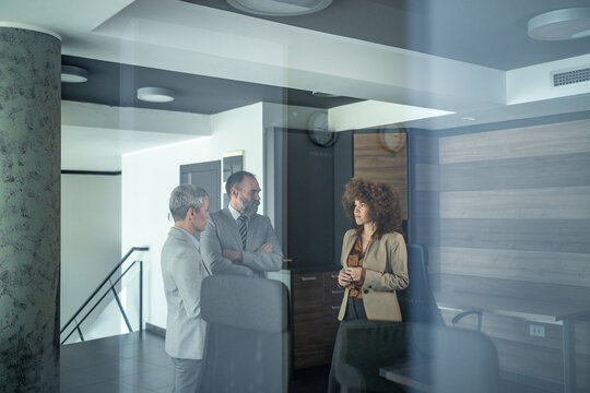 Business colleagues discussing work in modern office setting