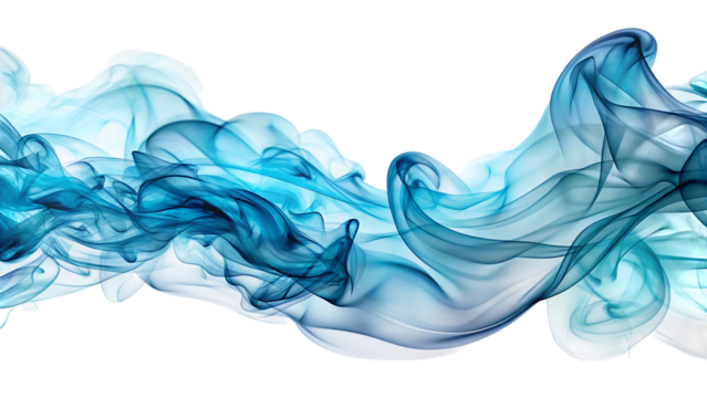 Flowing wisps of indigo and icy cyan smoke, with translucent layers, cutout, PNG, isolated on white or transparent background, AI