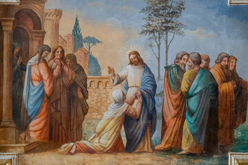 Fresco (19th century) of Jesus Miracle: The healing of the woman with the issue of blood.