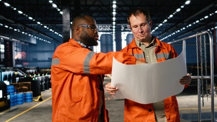 Diverse engineers handling assembly workflow with industrial plans, standing near steel machinery and fabrication stations that represent heavy industry development. Welding sparks.