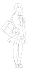 スクール鞄にぬいぐるみのチャームをつけた女子中高生の制服立ち姿ラインアート シンプル線画スケッチベクターイラスト　背景透過