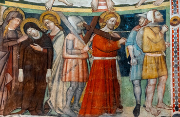Fresco (13th century) of the Passion of Jesus: Christ in contempt.