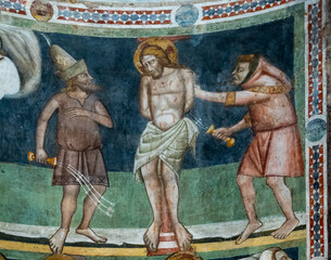 Fresco (13th century) of the Passion of Jesus: Christ in contempt.