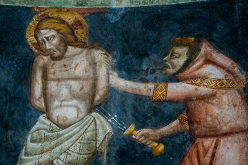 Fresco (13th century) of the Passion of Jesus: Christ in contempt.