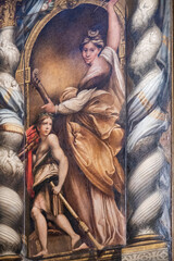 Fresco (19th century) of Saint Cecilia, patron saint of music, depicted with a musical instrument.