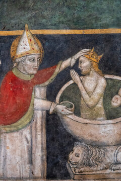Fresco (13th century) of Baptism of Clovis by, king of the Franks, by Saint Remigius in Reims.