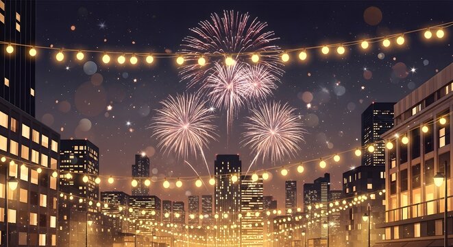 City skyline at night with fireworks and string lights celebration
