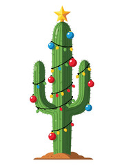 Cactus decorated as Tropical Christmas tree with lights and star on sandy ground, , transparent background, isolated, vector