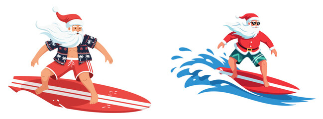 Santa on surfboard riding waves in summer beach attire, transparent background, isolated, vector, set  
