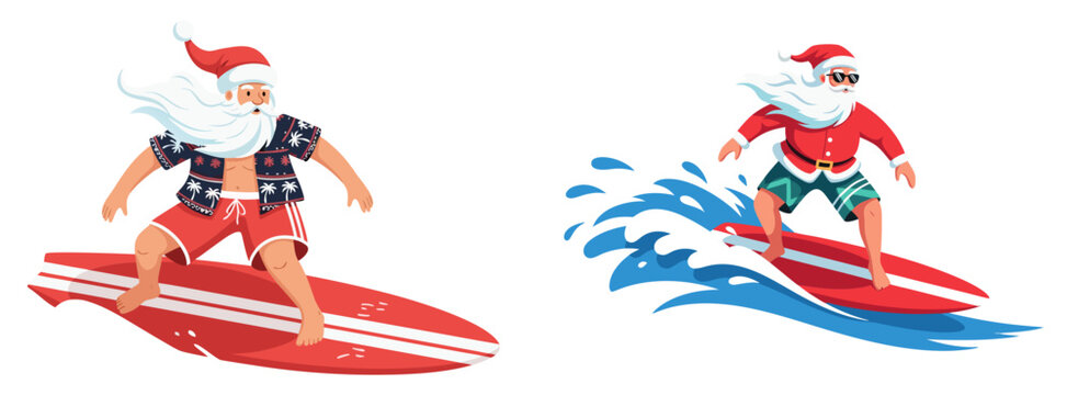 Santa on surfboard riding waves in summer beach attire, transparent background, isolated, vector, set  