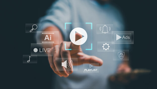 Digital media player concept. Human finger point interacting with virtual play icons. AI elements, live streaming and multimedia controls. Representing modern content technology and online engagement. - Powered by Adobe