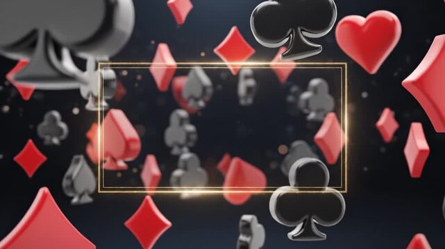 Playing card suit symbol red diamond black club red heart black spade floating shapes glowing golden frame dark space 3D illustration dynamic vibrant composition abstract design with rectangular frame