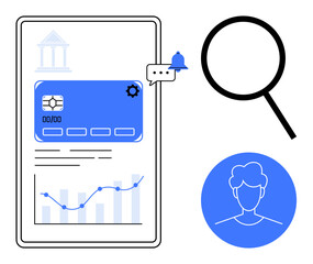 Smartphone screen displaying financial data, credit card, and notification. Includes user profile, bank icon, analytics, and magnifier. Ideal for banking, fintech security user experience data