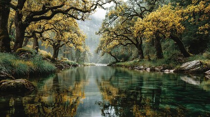 Fototapeta premium River flows through a forest with trees reflecting in the water.
