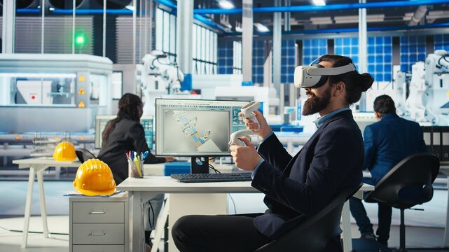 Photovoltaics factory worker using VR headset to monitor performance of robot arms placing solar panels on assembly lines. Expert inspecting solar plant machinery using virtual reality technology