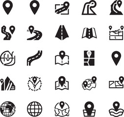 Road line icon set. Road sign, fence, highway, highway and car traffic.Series in linear style
