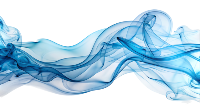 Ethereal wispy trails of sky blue and bright cyan smoke, flowing, cutout, PNG, isolated on white or transparent background, AI
