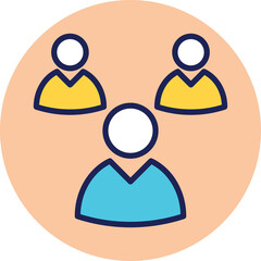 Stylized Icon Depicting Three Diverse People in a Group Meeting or Collaboration Arrangement Minimalist Flat Design with Outline and Color Accents on a Soft Peach Circular Background