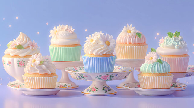 A row of colorful cupcakes with white frosting and flowers on top. The cupcakes are arranged on a white plate and a white stand. The cupcakes are of different colors and sizes, and they look delicious