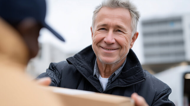 Volunteer handing a box of donated food to someone in need