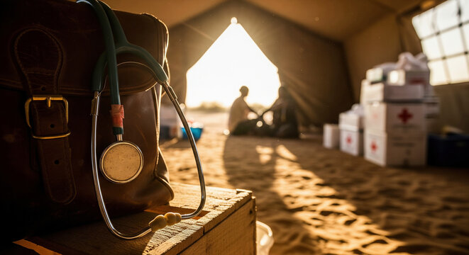Stethoscope and doctor's bag in a medical tent at sunset, symbolizing humanitarian aid, global health, and emergency medical services.