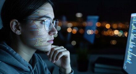 Nighttime close-up of a female programmer deeply focused on coding, with glowing lines of data reflected on her face and glasses.