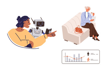 Robot assisting caregiver pointing at tasks, senior woman reading on sofa, analytics chart nearby. Ideal for eldercare, AI, healthcare, analytics, technology innovation assistance. Simple flat