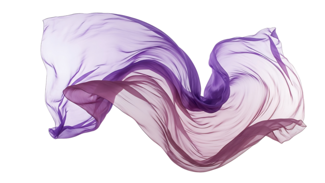 Flowing sheer purple fabric waving in motion isolated on transparent background