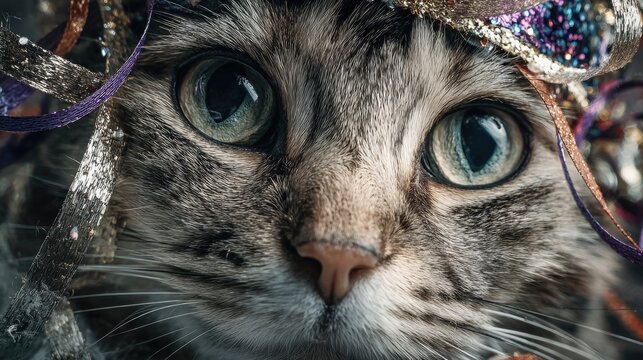 Close-up of cat with shiny ribbons: festive feline focus
