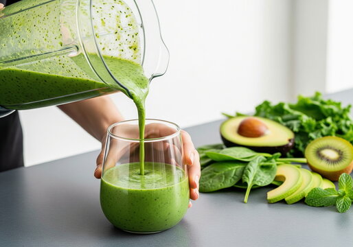 Hand pouring a vibrant green smoothie into a glass, with fresh avocado, kiwi, and spinach on a kitchen counter for healthy living. - Powered by Adobe