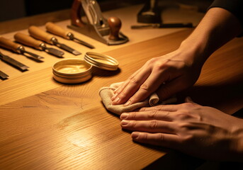 Close-up of hands applying wood wax to a beautiful wooden surface with a cloth. Woodworking tools highlight craftsmanship and care.