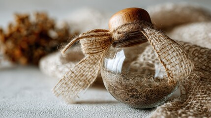 Rustic glass jar with wooden lid and burlap ribbon on textured surface