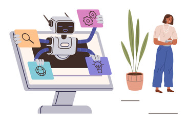 Robot displays screens with web, gear, bulb, and magnifying glass icons from monitor beside intrigued observer and tall plant. Ideal for AI, innovation, automation, research, communication