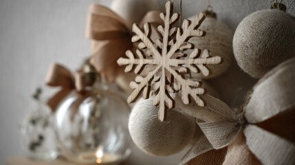 Elegant rustic christmas decor featuring wooden snowflake and burlap ornaments