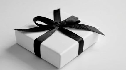 Elegant white gift box with black ribbon on minimalist background