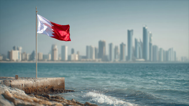 Bahraini flag waving proudly over a coastal city on Independence Day celebrations
