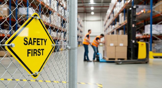 A 'Safety First' sign on a fence in a busy warehouse with workers moving goods, emphasizing workplace safety and operational guidelines. - Powered by Adobe