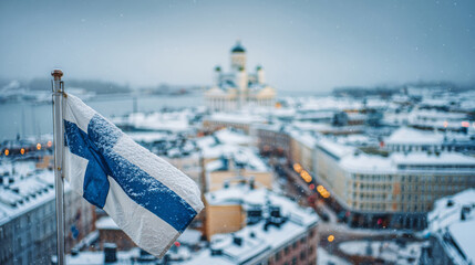 Snow-covered Helsinki skyline with Finnish flag waving during Independence Day celebrations