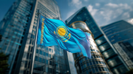 Kazakh flag proudly waves over a modern city skyline celebrating Independence Day